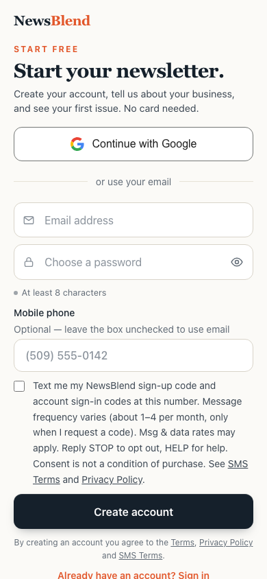 NewsBlend mobile signup page showing the optional mobile field and the unticked text-message consent checkbox with full disclosure