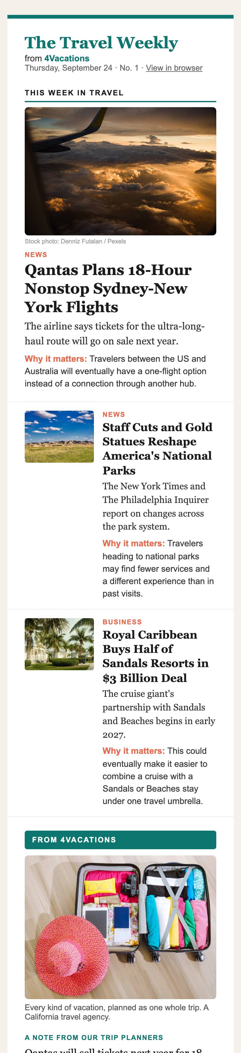 The Travel Weekly on a phone: this week's travel news with a note, a shore-excursion guide and a ski-week offer from 4Vacations