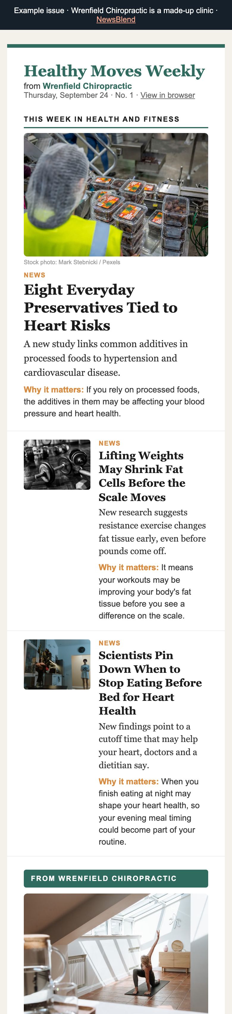 Healthy Moves Weekly on a phone: health and fitness news with guides and offers from a sample chiropractic clinic