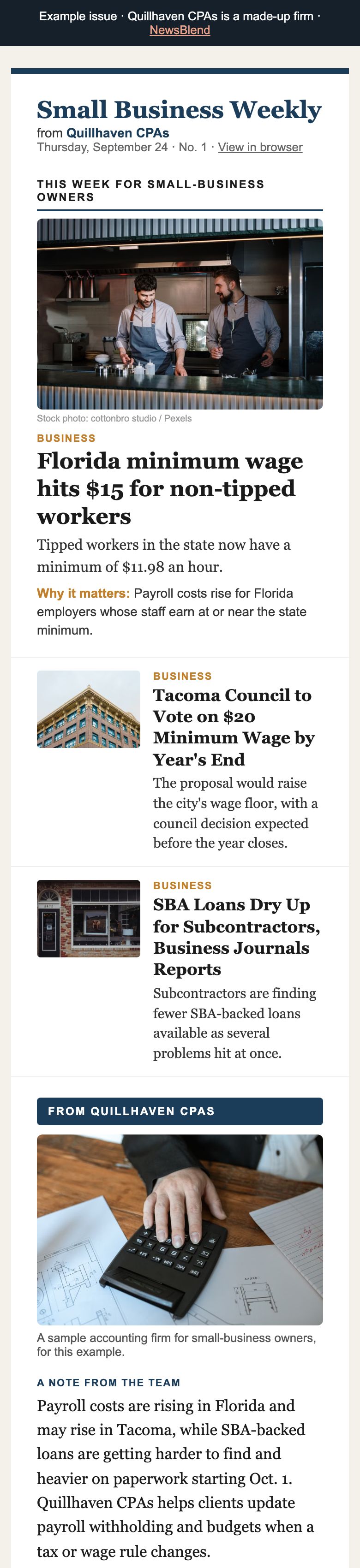 Small Business Weekly on a phone: tax, wage and lending news with offers from a sample accounting firm