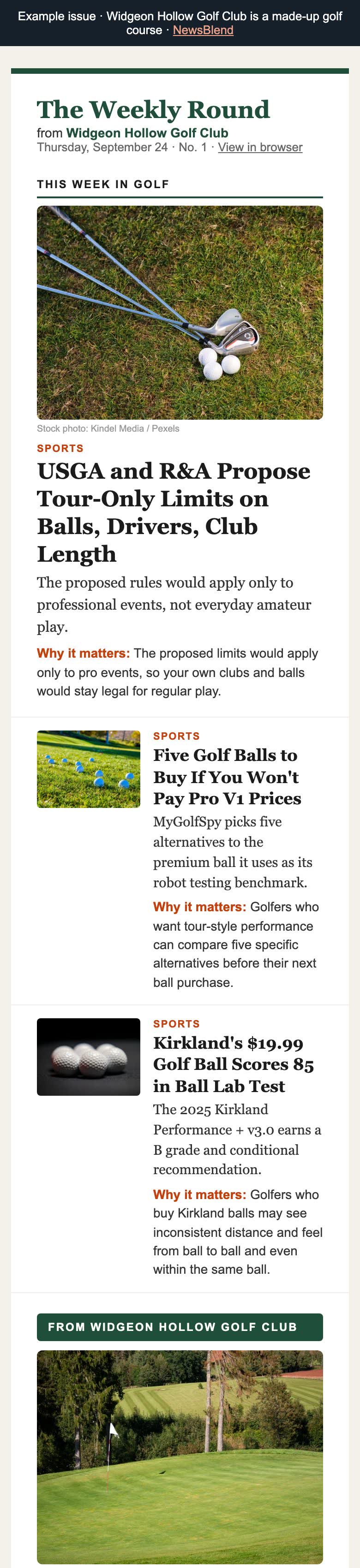 The Weekly Round on a phone: golf news with offers from a sample public golf course
