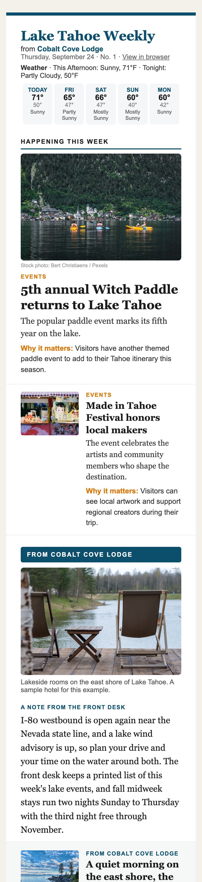 Lake Tahoe Weekly on a phone: Tahoe events and road news, with a note and an offer from a sample lakeside hotel