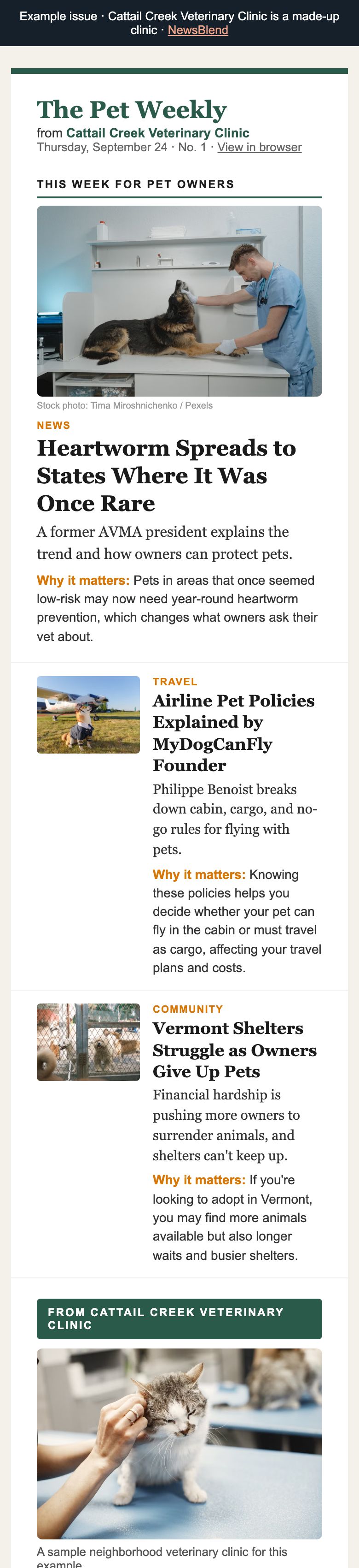 The Pet Weekly on a phone: pet health and recall news with offers from a sample veterinary clinic