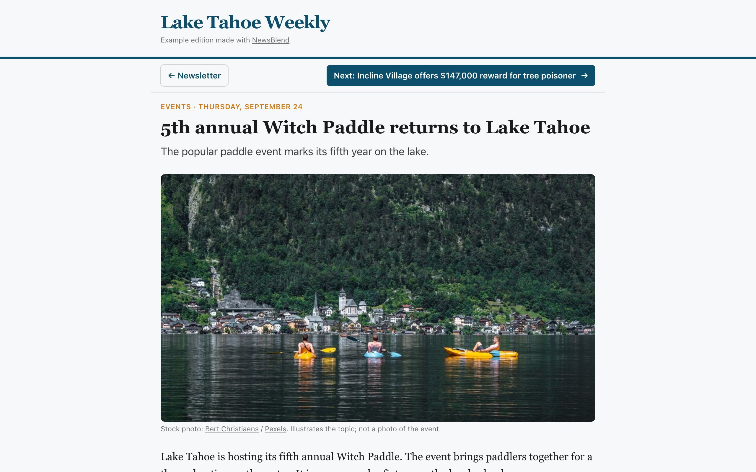 A story page from the Lake Tahoe sample in the newsletter's own colors